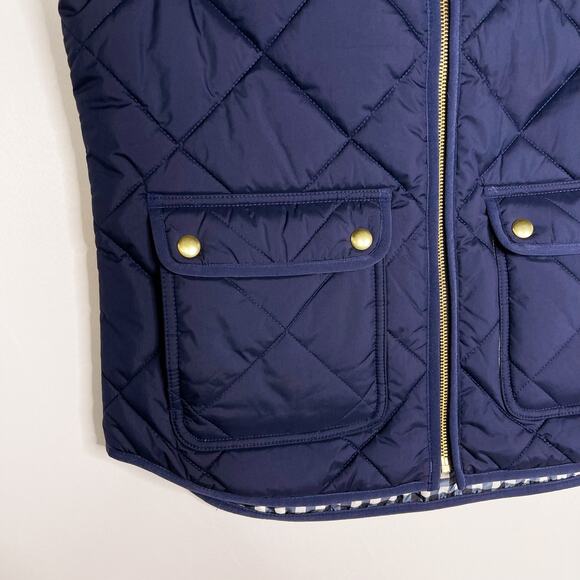 J Crew Womens Small Navy Blue Puffer Vest Quilted With Snap Pockets Gold Zipper - Picture 4 of 10